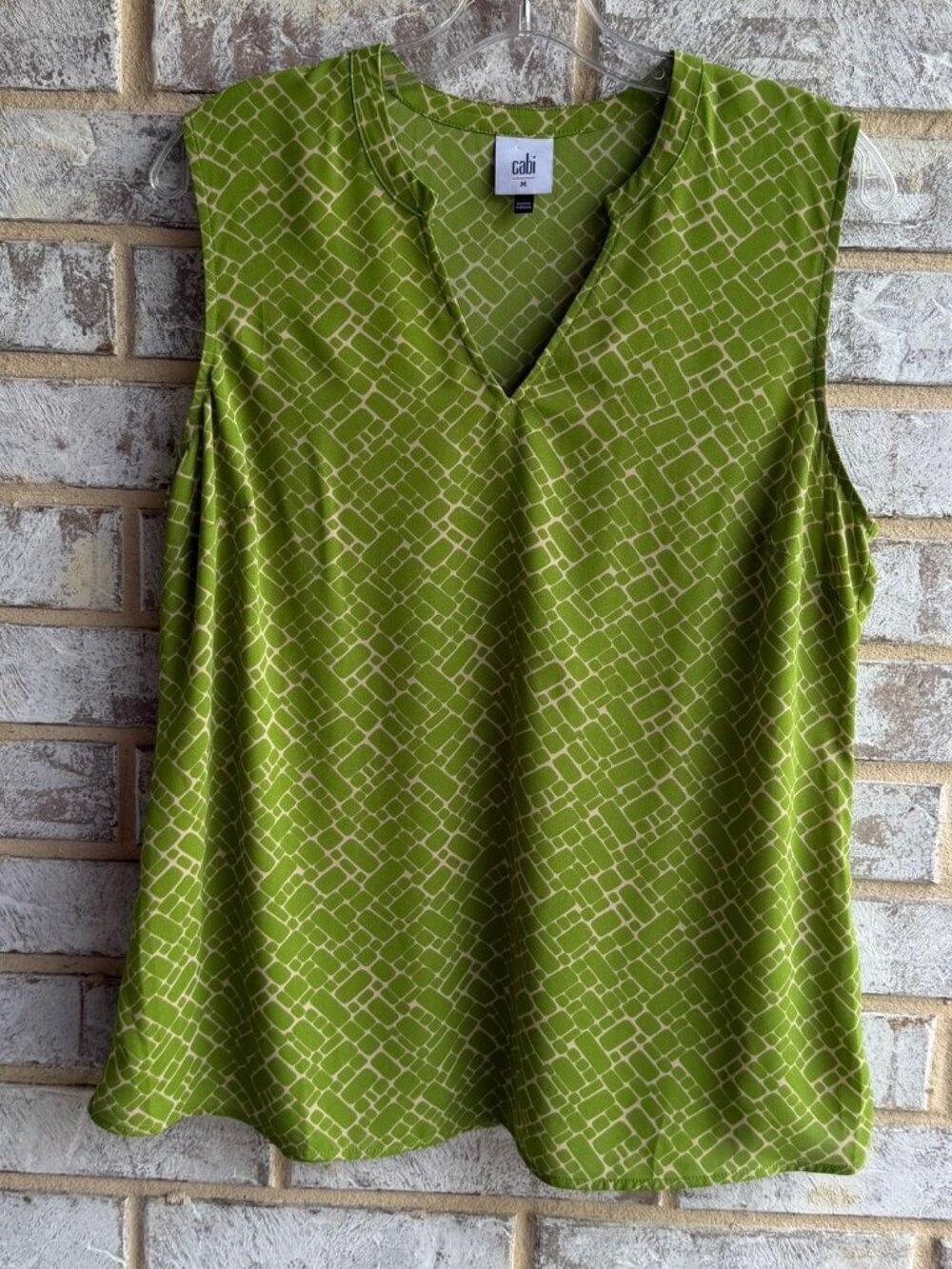 CAbi Green/Cream Geo Sleeveless V-Neck Tank Blouse Women's Size M